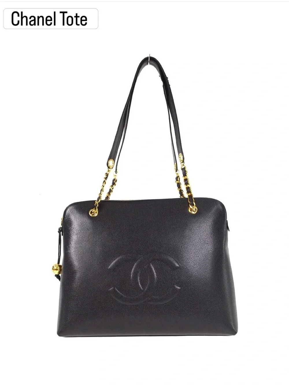 CHANEL Black Leather Tote with Gold Chain-Strap Accents